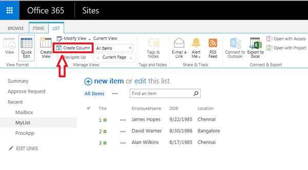 click on create column